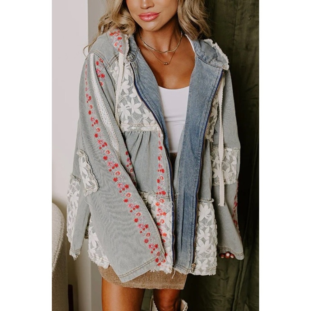 POL Light Gray Denim Hooded Jean Jacket with White Lace & Red Floral Accents - Picture 4 of 10